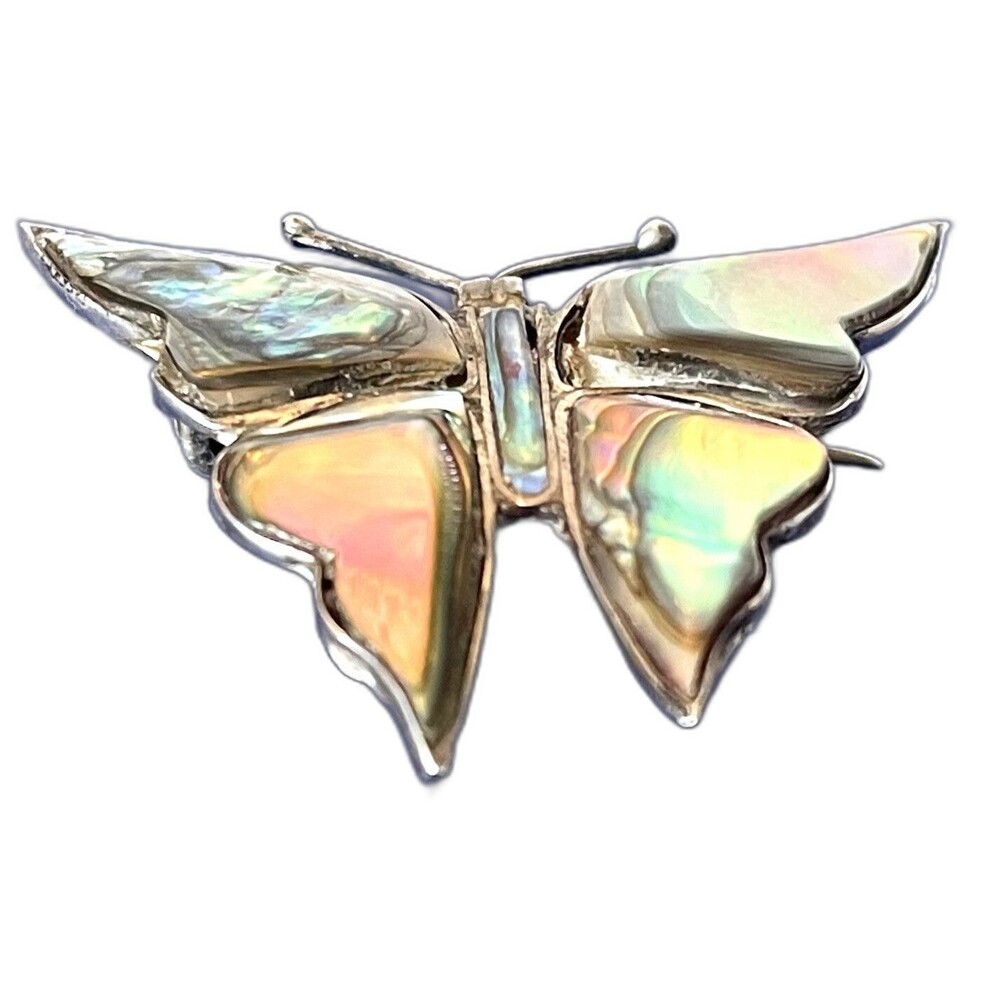 Butterfly Pin Sterling Silver 925 Abalone Shell Signed Hecho (Mexico) Vintage